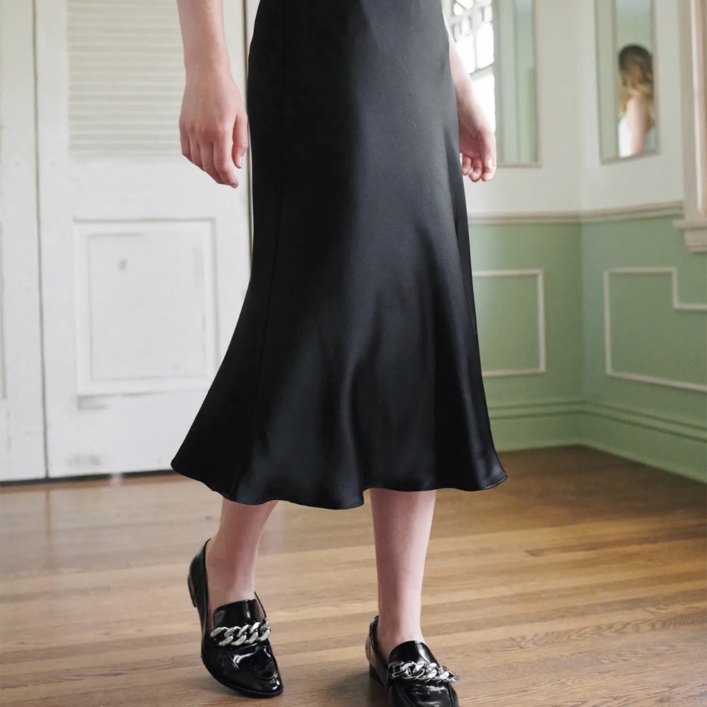Quince Mulberry Washable Silk Classic Black Midi Skirt S